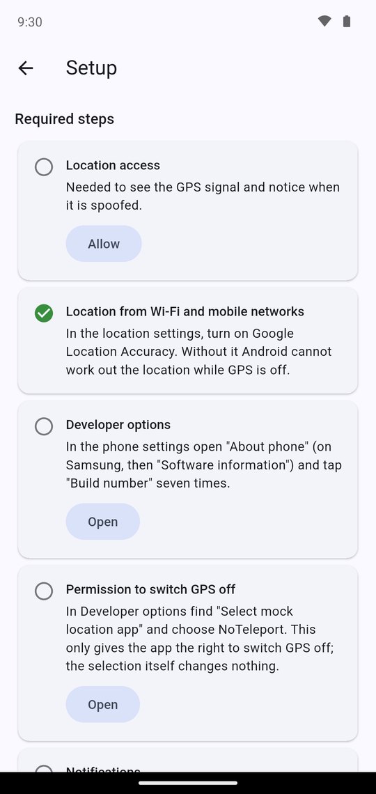 The list of “Required steps” in NoTeleport