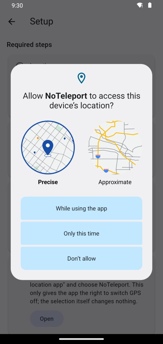 The Android window: “Allow NoTeleport to access this device’s location?”