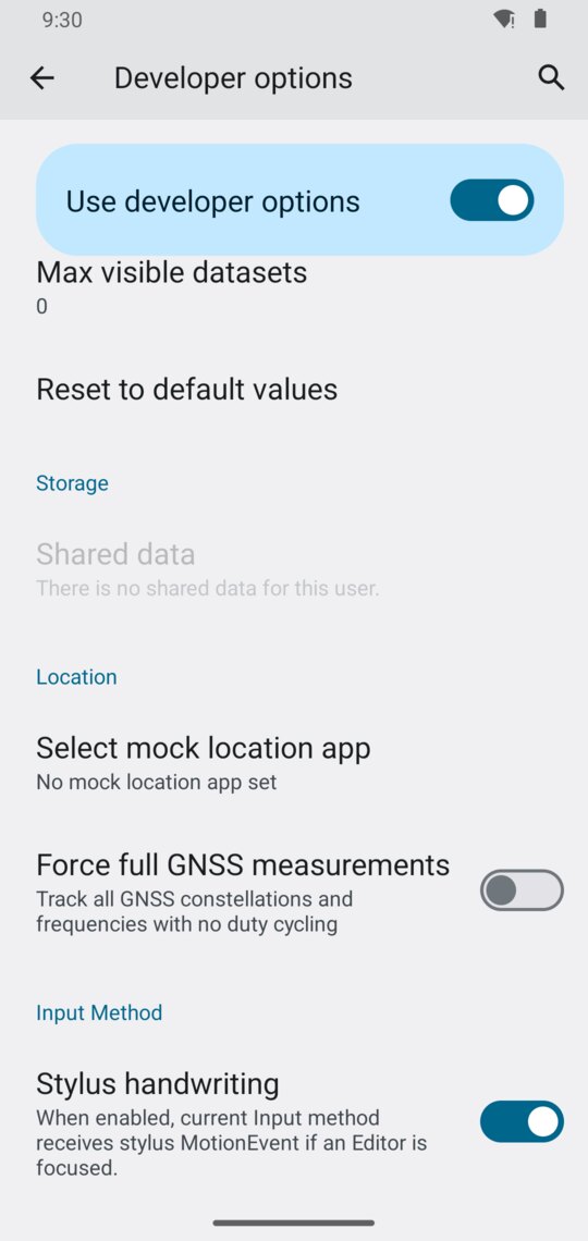 “Developer options”, the “Location” section, the entry “Select mock location app”