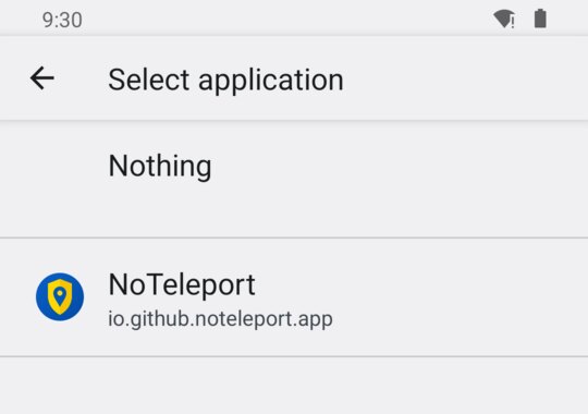 The “Select application” list with NoTeleport in it