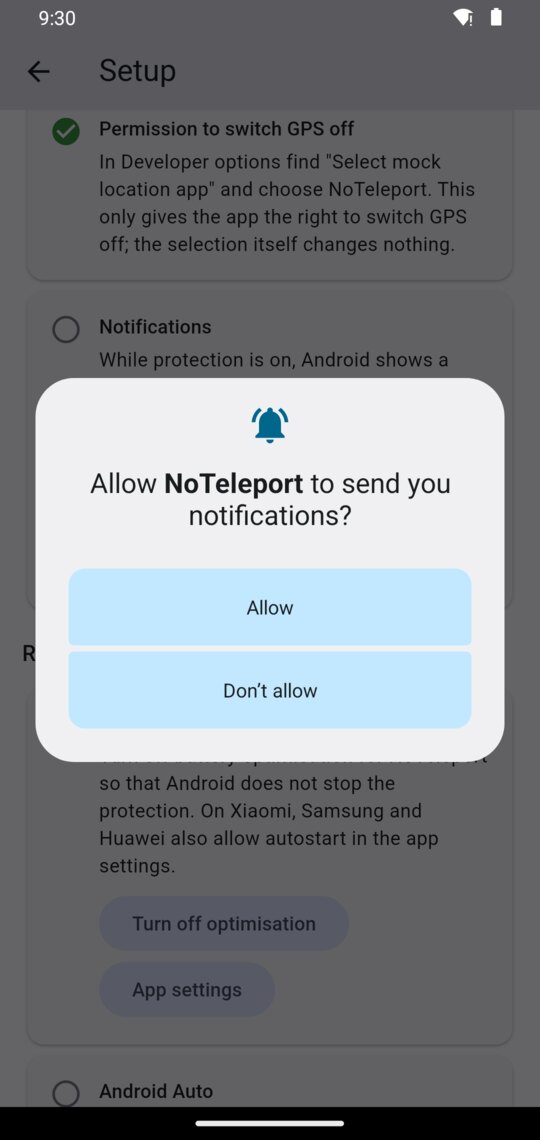 The Android window: “Allow NoTeleport to send you notifications?”