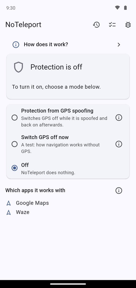 The home screen of NoTeleport: “Protection is off”