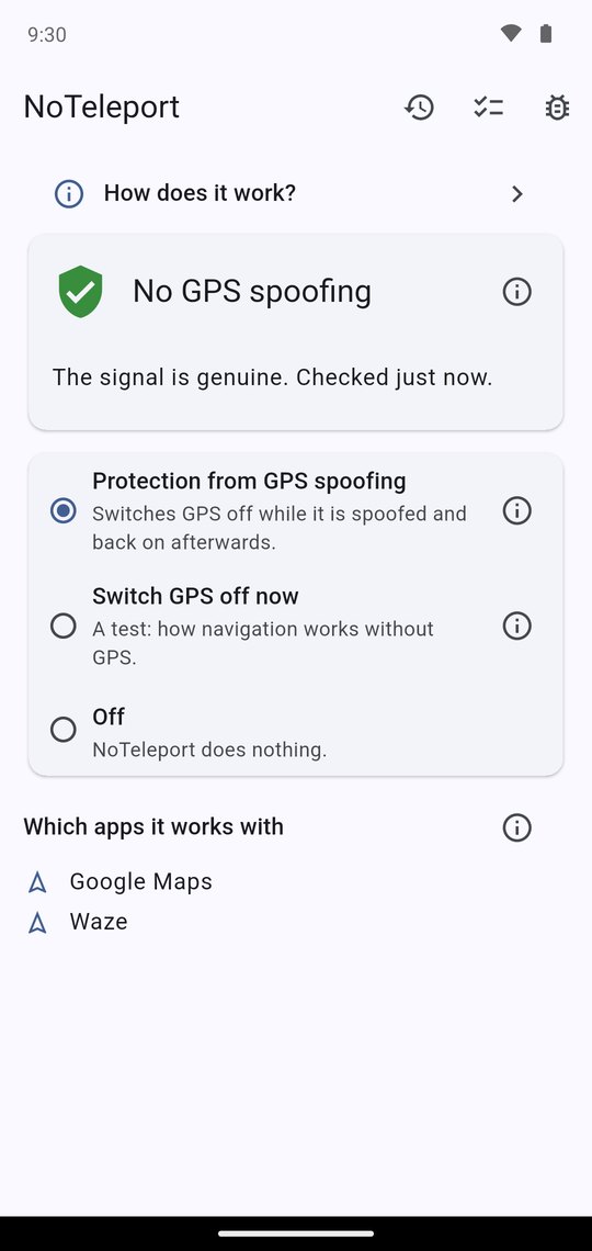 The home screen of NoTeleport: “No GPS spoofing”, with “Protection from GPS spoofing” chosen