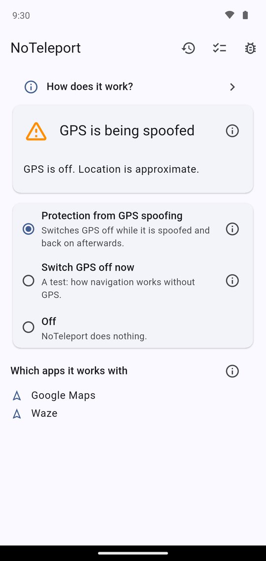 The home screen of NoTeleport: “GPS is being spoofed. GPS is off. Location is approximate.”