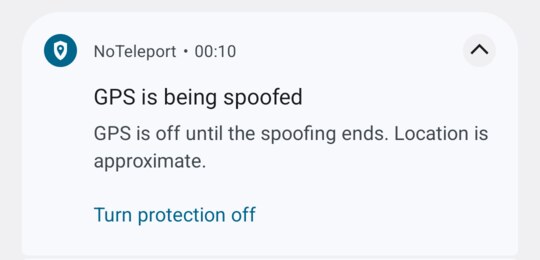 The NoTeleport notification: “GPS is being spoofed. GPS is off until the spoofing ends. Location is approximate.”