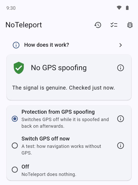 The NoTeleport screen: “No GPS spoofing. The signal is genuine.”