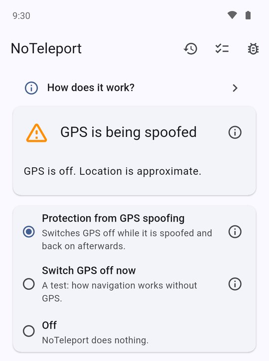 The NoTeleport screen: “GPS is being spoofed. GPS is off. Location is approximate.”