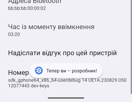 Низ екрана «Про телефон»: пункт «Номер складання» і напис «Тепер ви – розробник!»